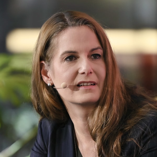 Headshot portrait of German journalist Tanit Koch speaking at the DLD conference.