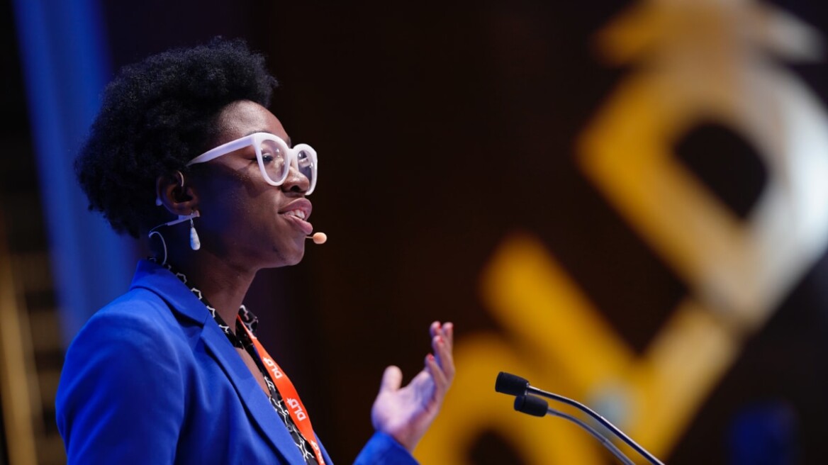 Joy Buolamwini, founder of the Algorithmic Justice League, explains bias in artificial intelligence at the DLD Munich conference 2020