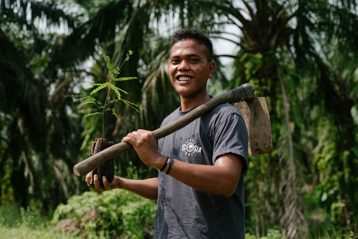 Ecosia, search engine, worker planting trees, Indonesia, climate change