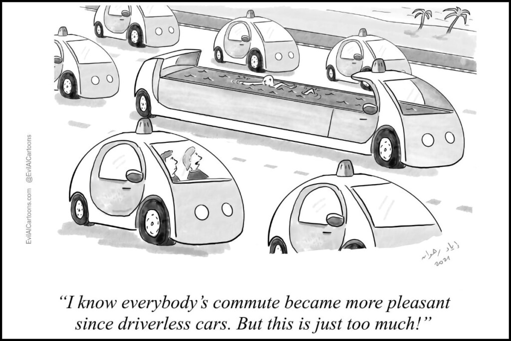 self-driving cars, benefits, autonomous driving, Iyad Rahwan, AI, cartoons