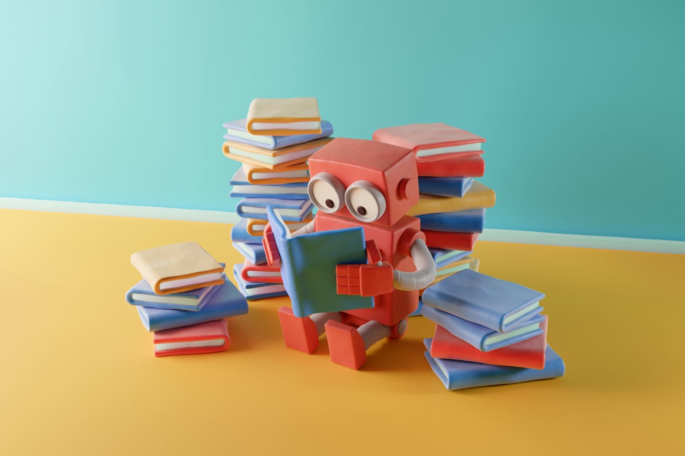 Clay robot reading a book illustrates the question: How smart is artificial intelligence getting?