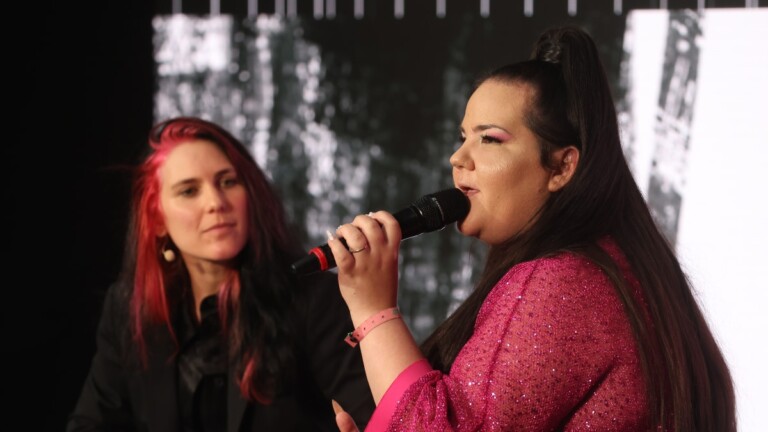 Singers Elisabeth Furtwängler, known as KERFOR, and European Song Contest winner Netta Barzilai, speak at the DLD Munich Conference 2023