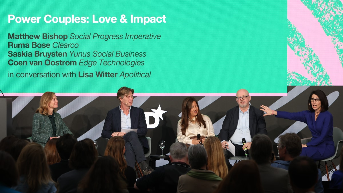 Panel discussion at the DLD conference with Saskia Bruysten, Yunus Social Business); Coen van Oostrom, EDGE; Ruma Bose, Clearco; Matthew Bishop, Social Progress Imperative; and Lisa Witter, Apolitical Foundation