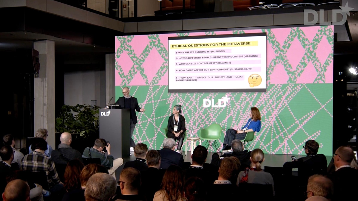 Joost van Dreunen (NYU Stern School of Business), Micaela Mantegna (Abogamer and Lawyer) and Oana Ruxandra (Warner Music Group) discuss the future of videogames at the DLD Munich Conference 2023