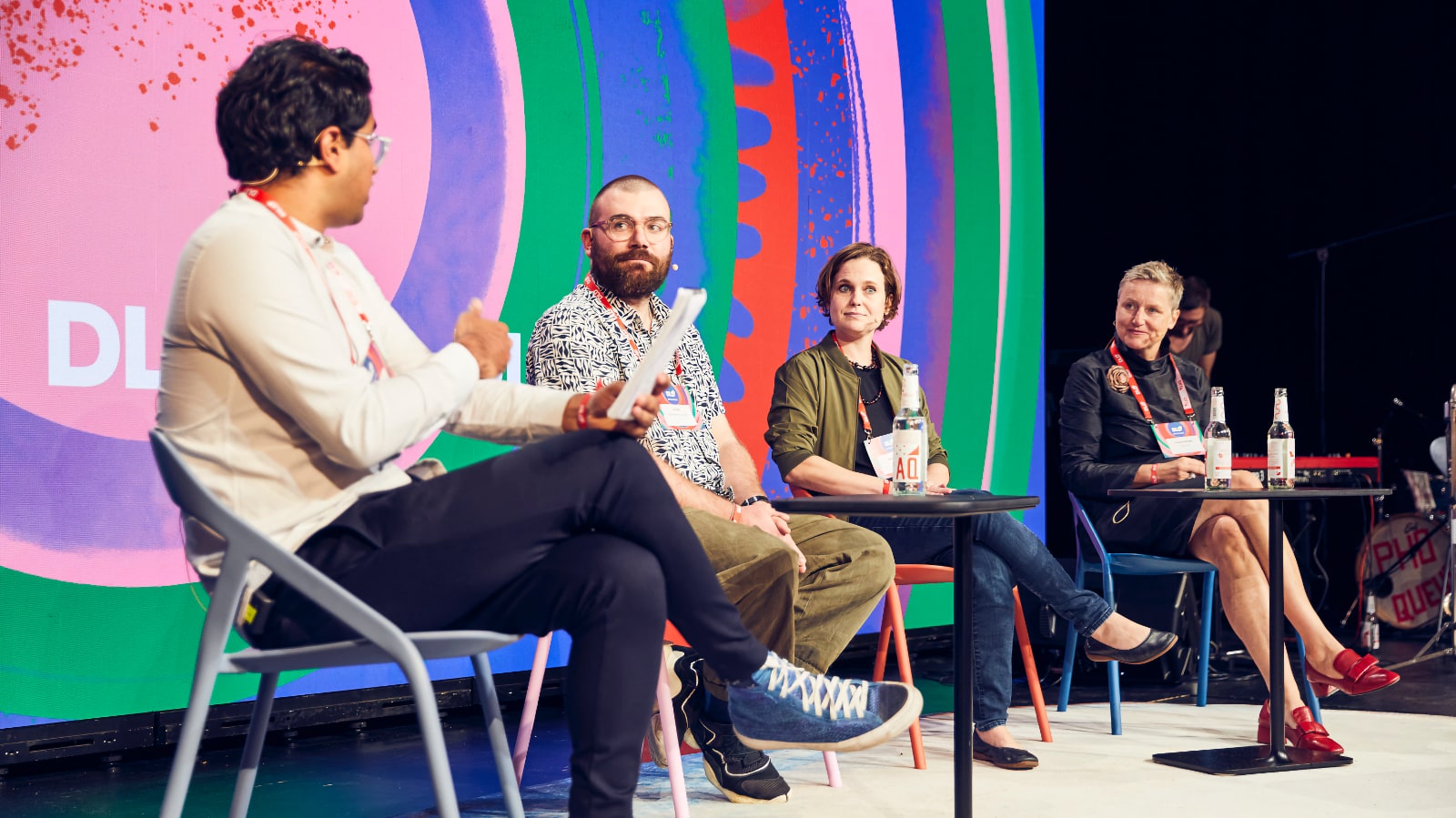 Product design experts discuss the concept of circularity at DLD Circular 2023 in Munich. Left to right: Amit Katwala (WIRED UK), Joe Iles (Ellen MacArthur Foundation), Jessie Storey (Steelcase) and Daniela Bohlinger (BMW Group