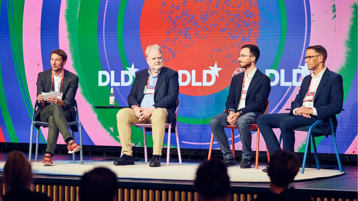 Industry experts discuss renewble energies at DLD Circular 2023. The panelists are, left to right: Matthias Ballweg, (CIRCULAR REPBULIC); Sebastian-Justus Schmidt (Enapter); Francesco Sciortino (Proxima Fusion); Christian Hartel (Wacker Chemie)