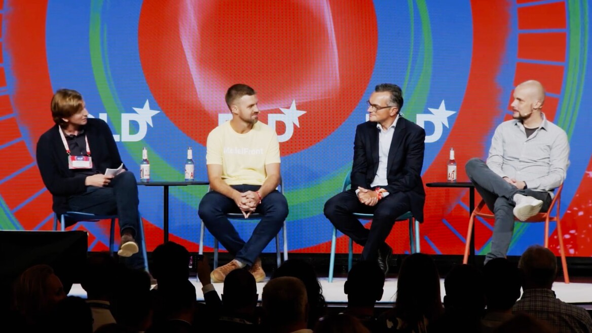 AI panel discussion with – left to right – Alexander Kudlich (468 Capital), Adam Bittlingmayer (ModelFront), Christian Teichmann (Burda Principal Investments) and Jonas Andrulis (Aleph Alpha) at the DLD AI Summit 2023 in Munich.