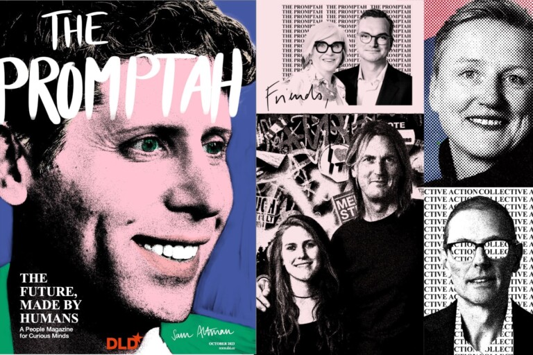 Preview image showing the cover of the DLD magazine The Promptah with Sam Altman, along with publishers Steffi Czerny and Christian Teichmann; musicians Elisabeth Furtwängler and Niclas Molinder; BMW executive Daniela Bohlinger and Harvard professor Martin Puchner.