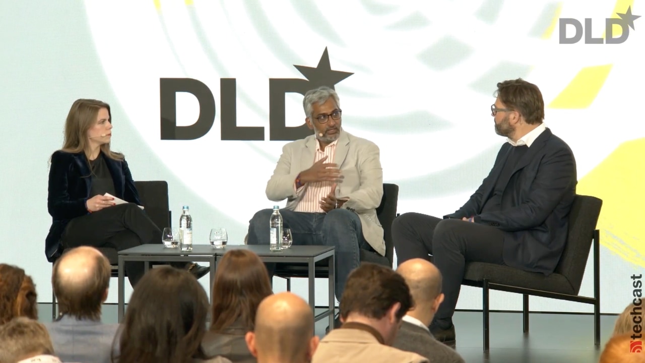 Eva Lihotzky (Serviceplan Group), Srikant Chakravarti (Curio AI) and Peter Meier (PaperChill) on stage at the DLD Munich Conference 2024.