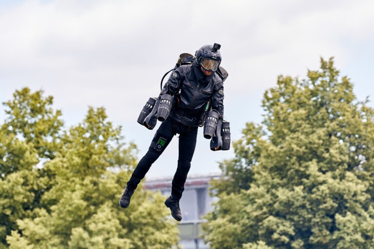 Gravity Industries founder Richard Browning wearing the jet suit he invented during a demo flight at DLD Campus Bayreuth in 2018.