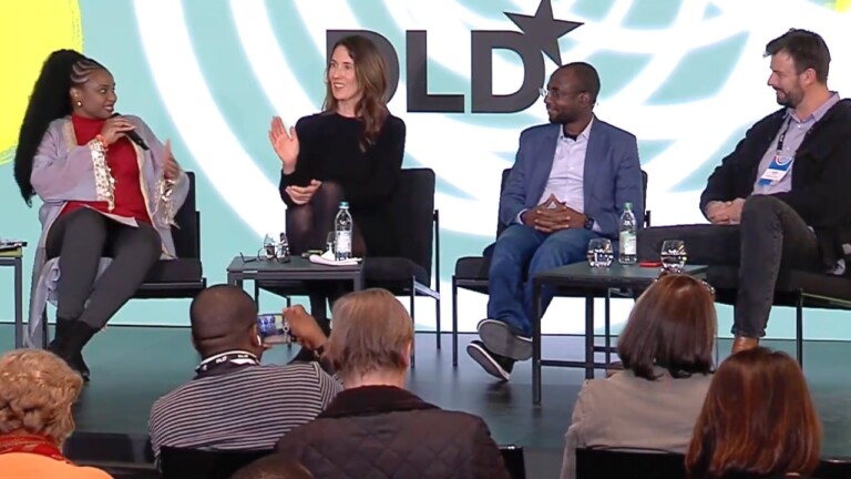 Panelists Inya Lawal, Anna Sophie Herken, Inuwa Kashifu Abdullahi and Leon Reiner discuss innovation in Africa and Europe at the DLD Munich 2024 conference.