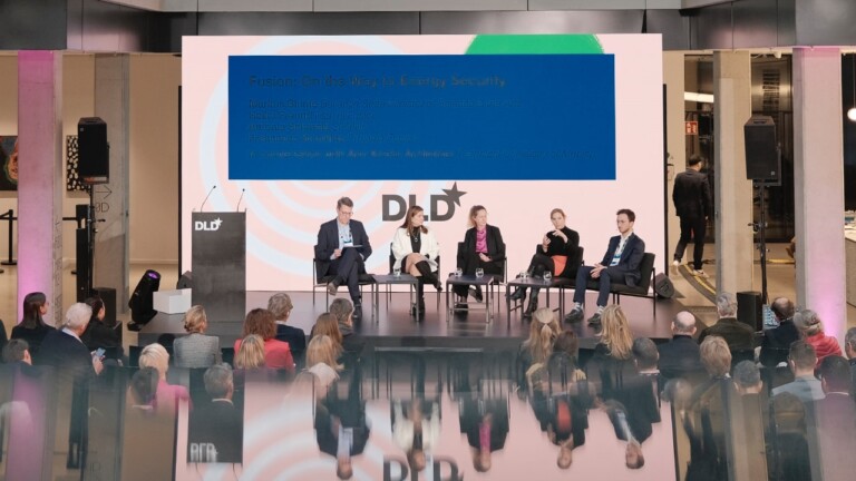 Markus Blume (Bavarian State Minister of Science & the Arts), Ann-Kristin Achleitner (Technical University of Munich), Heike Freund (Marvel Fusion), Antonia Schmalz (SPRIND) and Francesco Sciortino (Proxima Fusion) speak at the DLD Munich Conference 2024 in front of a full audience.