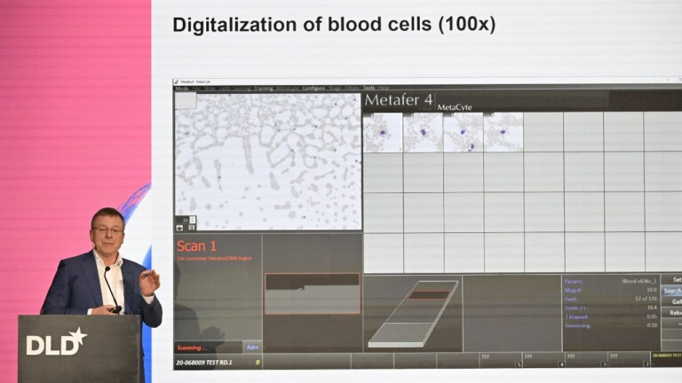 Cancer expert Dr. Torsten Haferlach speaking at the DLD Munich conference 2024, with a slide from his presentation showing blood analysis with AI.