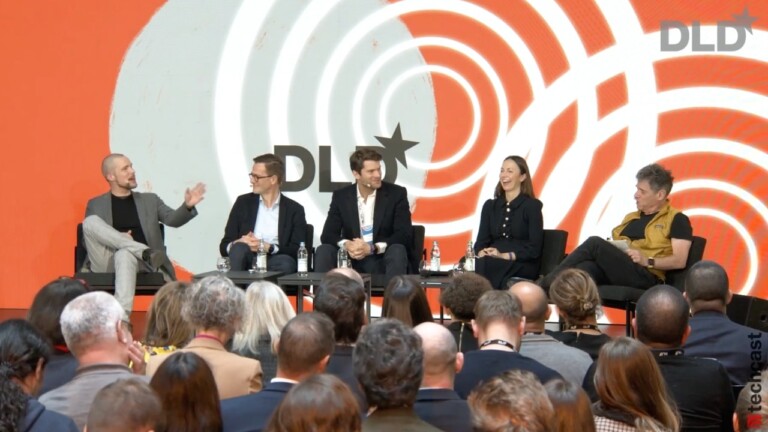 Panelists Jonas Andrulis (Aleph Alpha), Philipp Justus (Google), Ludwig Ensthaler (468 capital) and Eva Maydell (European Parliament) discuss technology regulation with moderator Andrew Keen (far right) at the DLD Munich 2024 conference.