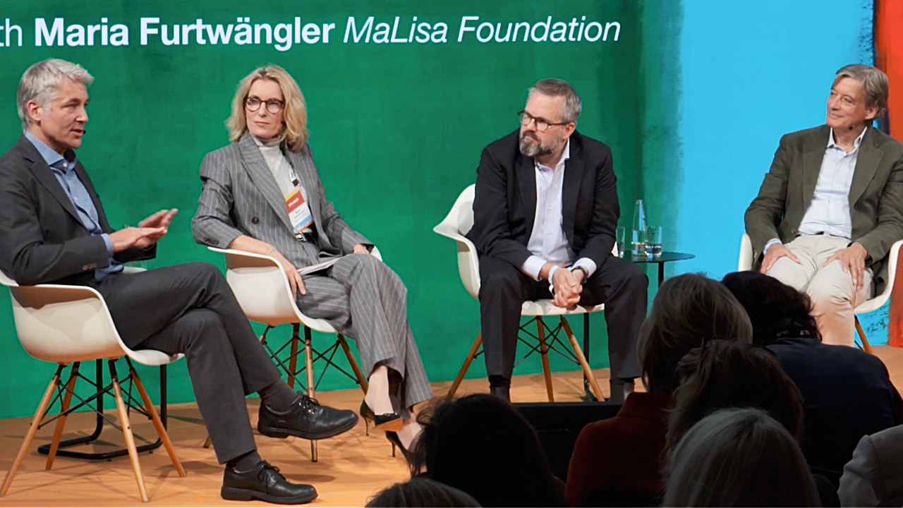 Jan Plagge (Bioland), Maria Furtwängler (MaLisa Foundation), Matthias Berninger (Bayer) and Jan-Gisbert Schultze (Action Capital) discuss sustainable food production at the DLD Nature conference in Munich.