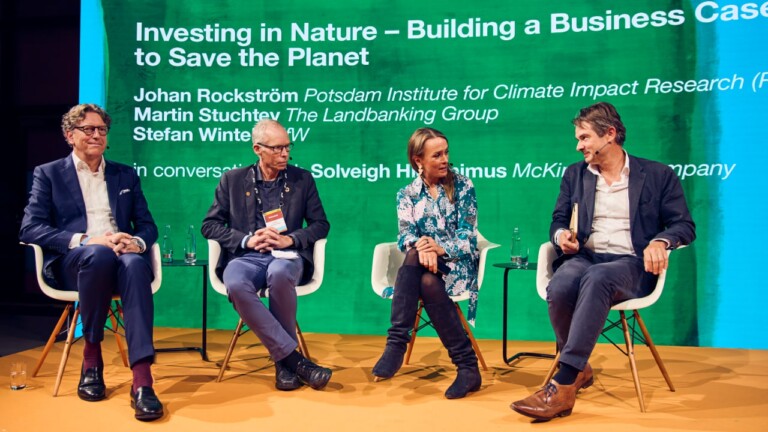 Stefan Wintels (KfW bank), Johan Rockström (Potsdam Institute for Climate Impact Research PIK), Solveigh Hieronimus, (McKinsey & Company) and Martin Stuchtey (The Landbanking Group) on stage the DLD Nature conference in Munich.