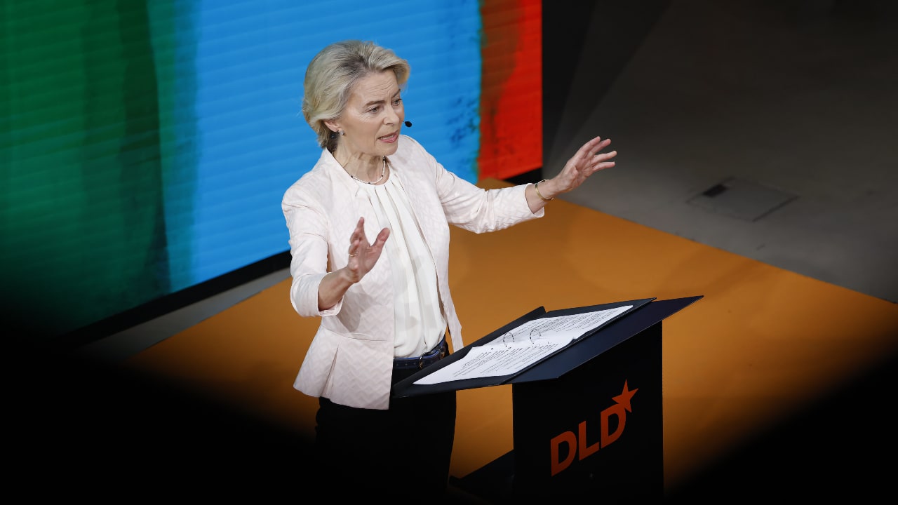 Ursula von der Leyen, President of the European Commission, standing at a podium, gesticulating, while she gives her Keynote speech at the DLD Nature conference in Munich.