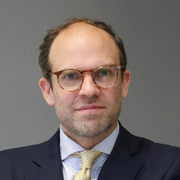 Headshot portrait image of AI expert and Oxford University professor Carl Benedikt Frey, wearing a suit, seen in front of a neutral grey background.