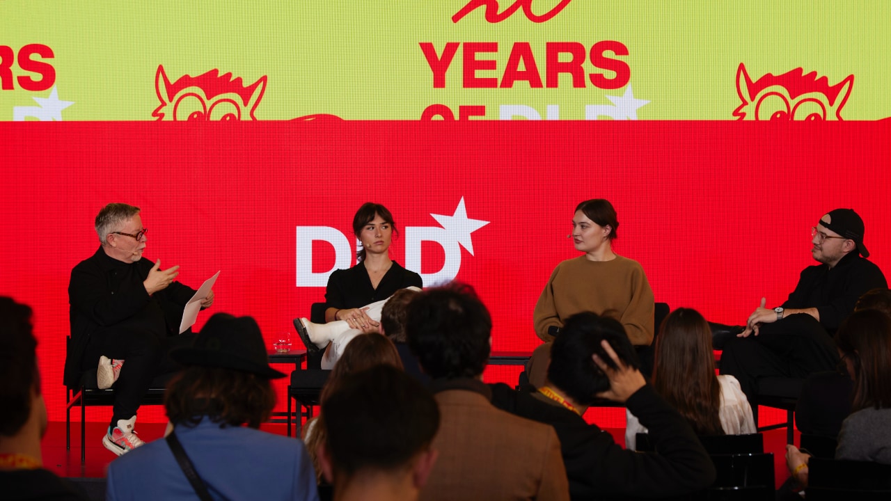Left to right: Tim Brown (IDEO) discusses AI and creativity with Chloe Ryan (Acrylic Robotics), Agi Kajanaku (OpenStudio) and Koraldo Kajanaku (OpenStudio) at the DLD Munich conference 2025.