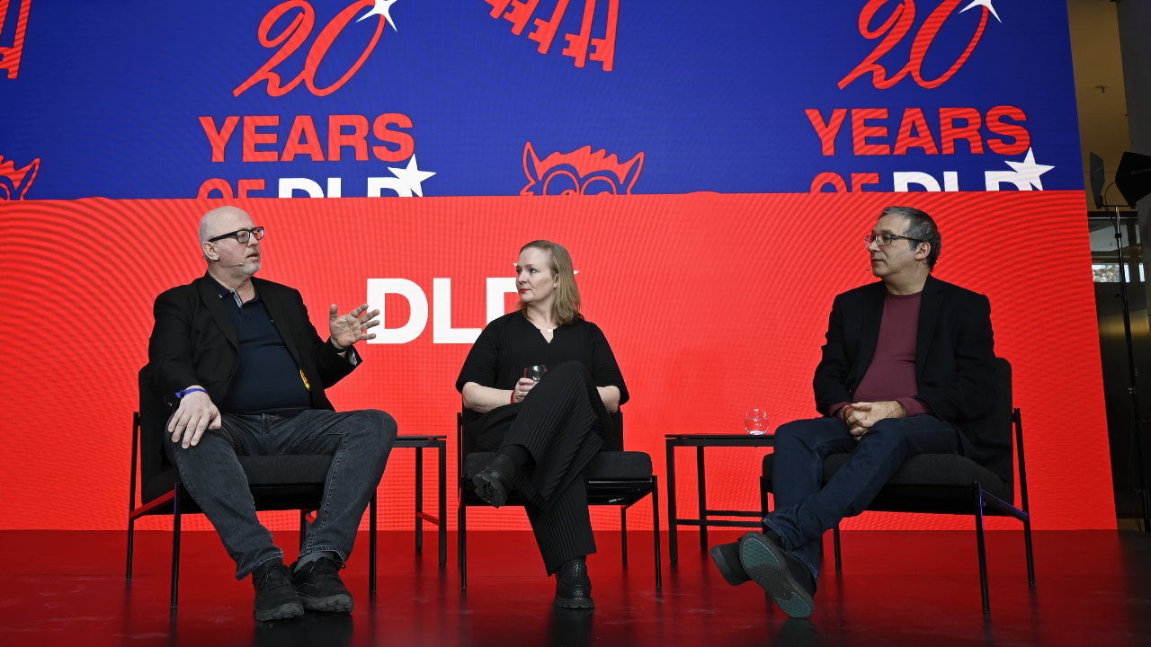 Left to right: Matthew Bishop (Social Progress Imperative), Marietje Schaake (Stanford University) and Gary Marcus (AI Entrepreneur & Author) discuss the influence of technology companies on democracy at the DLD Munich Conference 2025.