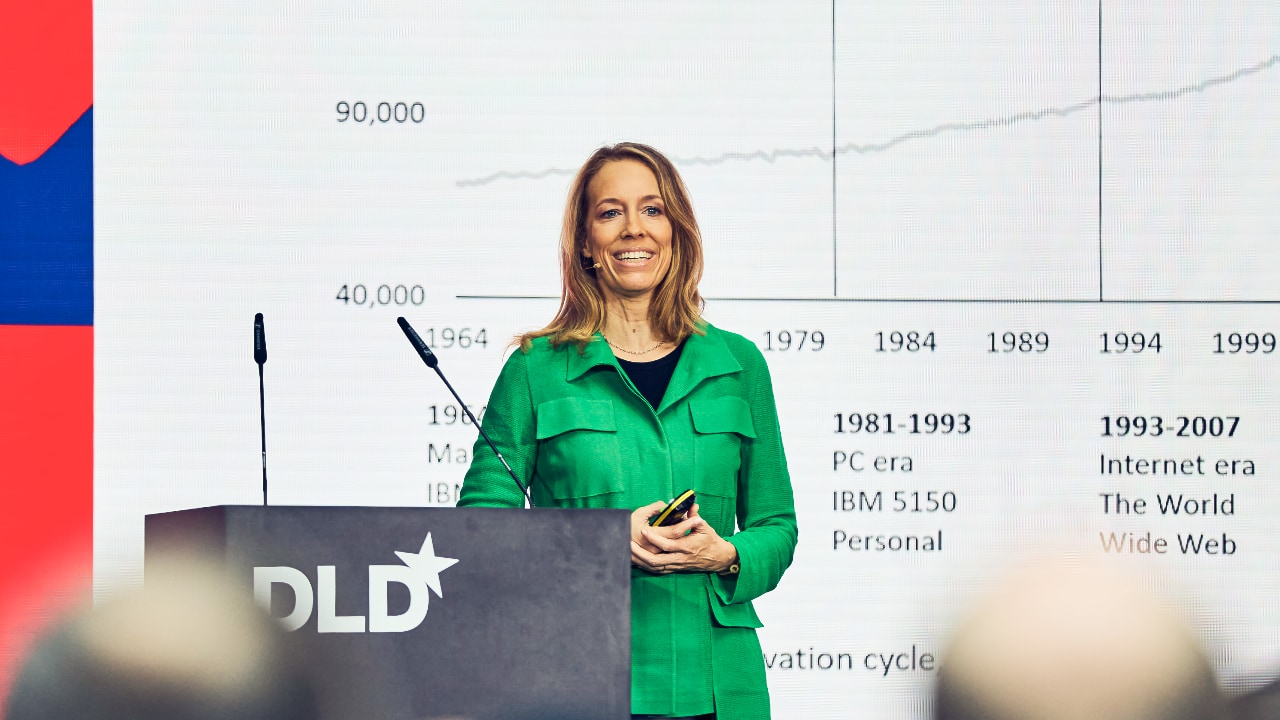 Ulrike Hoffmann-Burchardi (UBS) gives a presentation at the DLD Munich Conference 2025.