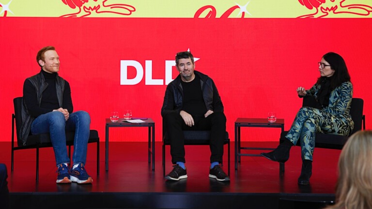 Andreas Blattmann (Black Forest Labs) and André Loesekrug-Pietri (Joint European Disruptive Initiative (JEDI)) discuss innovation with Lisa Witter, (Apolitical Foundation) at the DLD Munich Conference 2025.