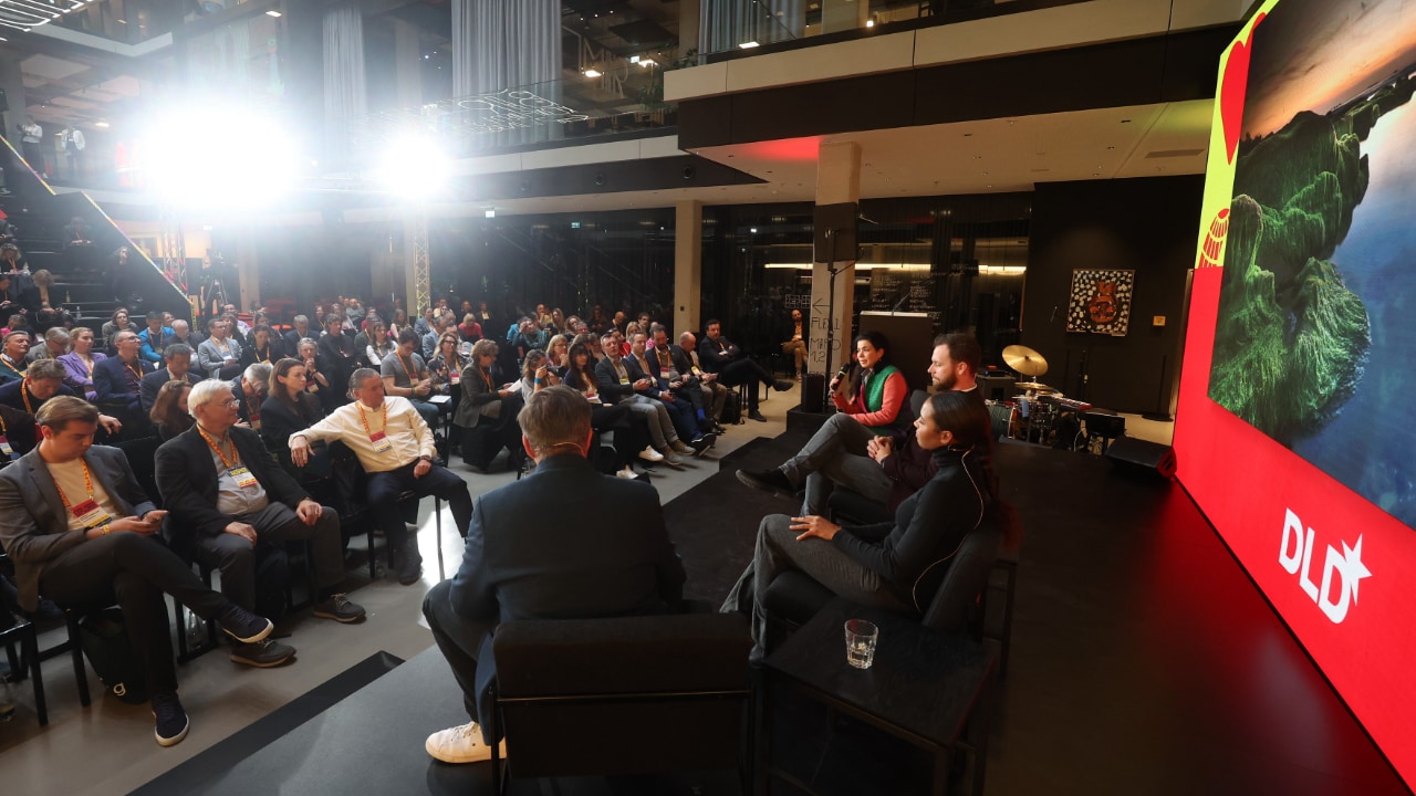 Experts Farhah Assaad (Technical University of Munich), Christian Brix Tillegreen (BioInnovation Institute), Lavina Irvine (Coastal Biotech) and Philipp Gerbert (TUM Venture Labs) discuss nature-based solutions at the DLD Munich Conference 2025. Stage view with the audience on the left.
