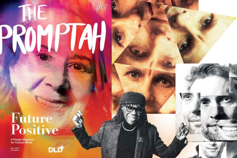 Cover image of DLD magazine “The Promptah”, issue no. 3, showing Esther Dyson, as well as Nigel Rodgers, Anil Seth and Michal Kosinski