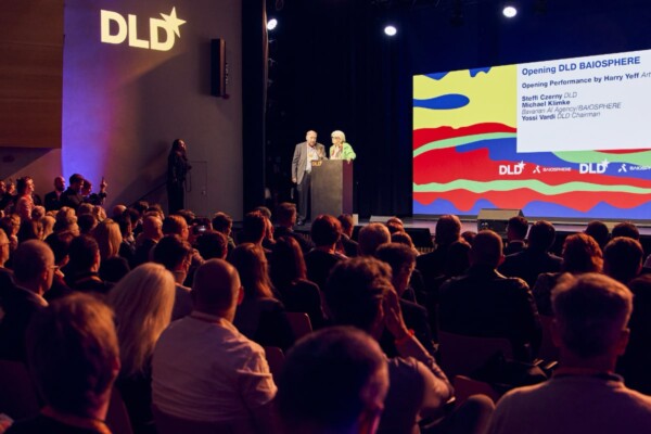DLD founder Steffi Czerny and DLD Chairman Yossi Vardi speak welcome the audience to the DLD Future Hub at Amerikahaus in Munich.