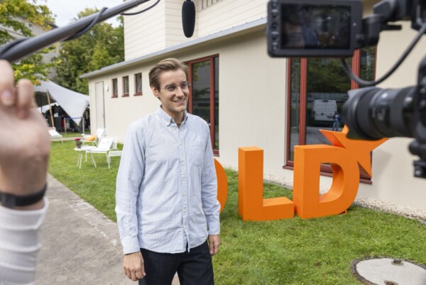 Latent Labs founder Simon Kohl being filmed for an interview at the DLD Future Hub conference in Munich.