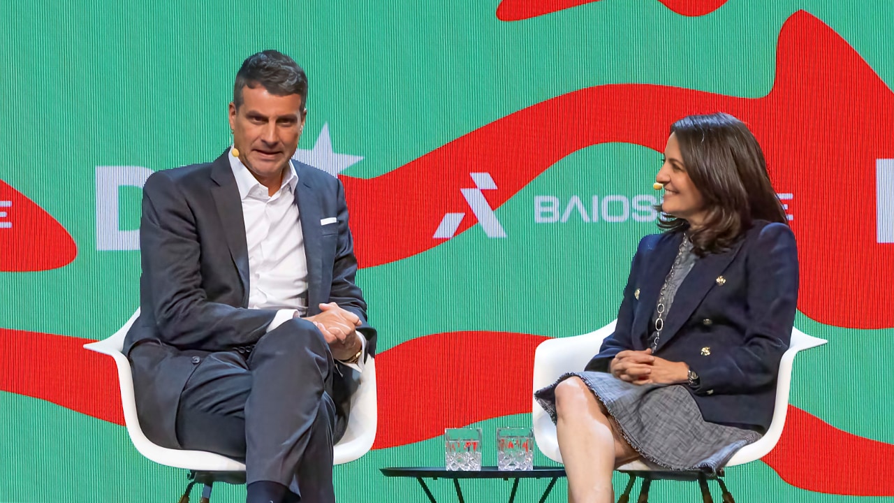 Marc Al-Hames (Hubert Burda Media) and Stephanie Cohen (Cloudflare) on stage at the DLD Future Hub conference in Munich.