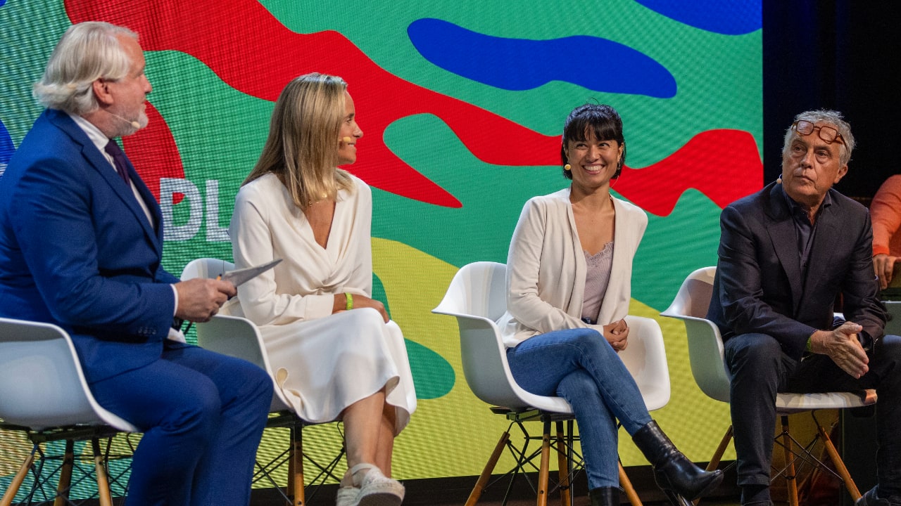 Thomas Girst (BMW Group), Paula Llobet Vilarrasa (Valencia City Council), Emiko Gejic (Urbane Praxis) and Stefano Boeri (Stefano Boeri Architetti) on stage at the DLD Future Hub conference in Munich.