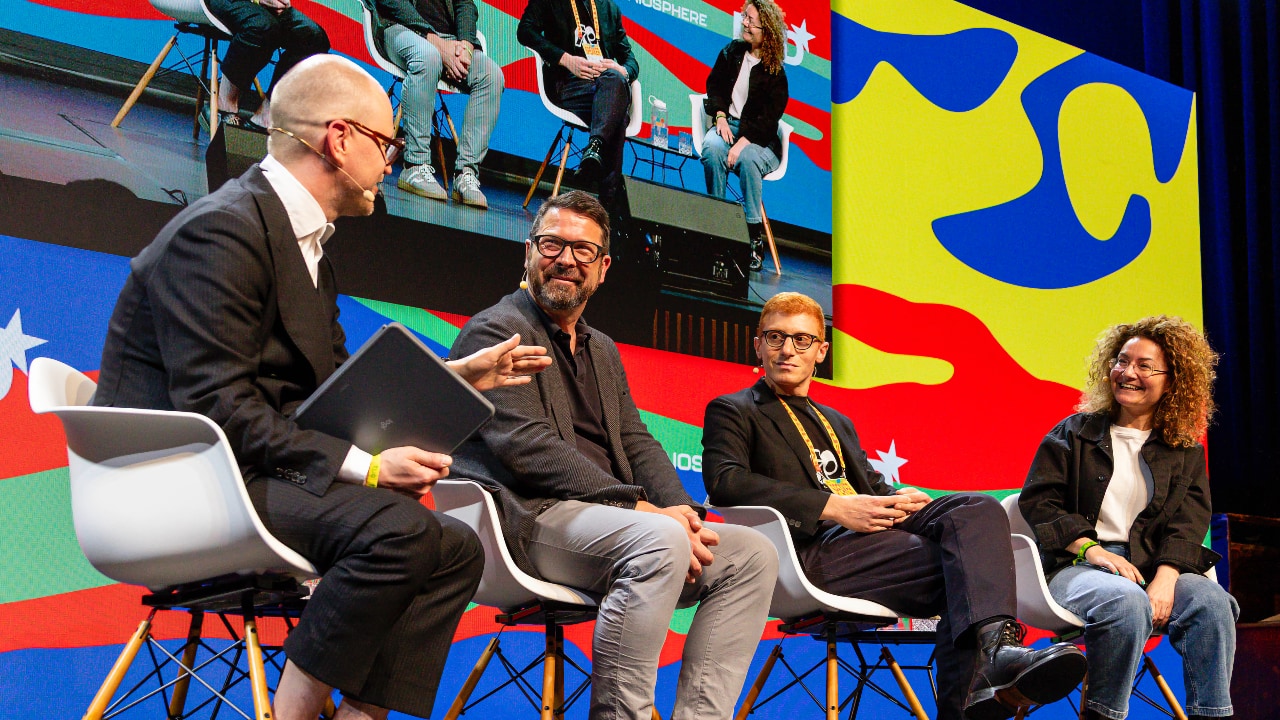 Sten-Kristian Saluveer (Tallinn Digital Summit & Cannes), Alexander Pretschner (Technical University of Munich), Alex Kotran (aiEDU), and Ronit Levavi Morad (Google Research) on stage at the DLD Future Hub conference in Munich.