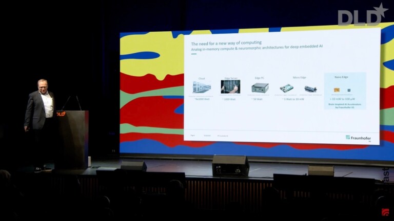 Bernhard Grill (Fraunhofer IIS) on stage at the DLD Future Hub conference in Munich.