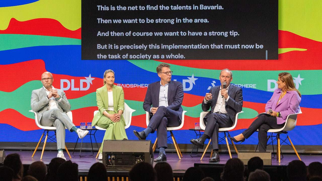 Fabian Mehring (Bavarian State Minister of Digital), Judith Gerlach (Bavarian State Ministry for Health), Markus Blume (Bavarian State Minister of Science), Hubert Aiwanger (Bavarian State Minister for Economic Affairs & Deputy Prime Minister of Bavaria), and Ann-Kristin Achleitner (Technical University Munich) speak at the DLD Future Hub conference in Munich.