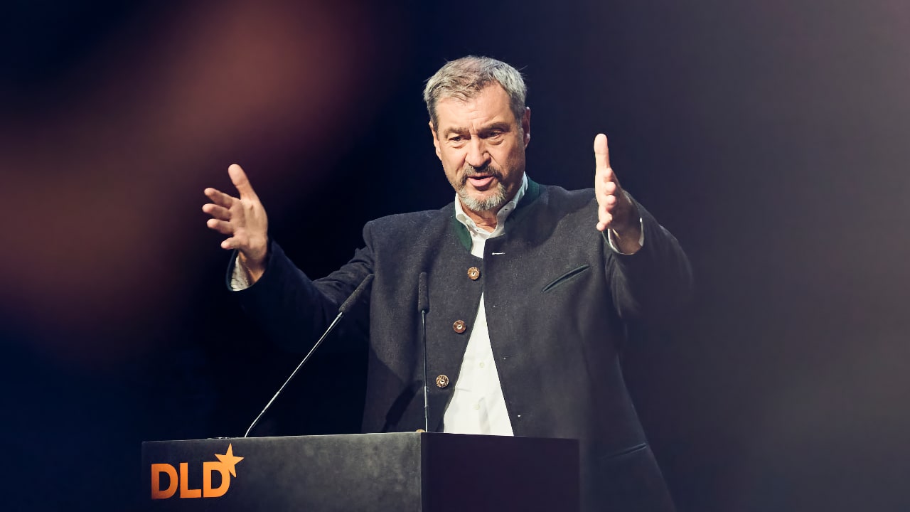 Bavarian Minister President Markus Söder speaking at the DLD Future Hub conference in Munich.