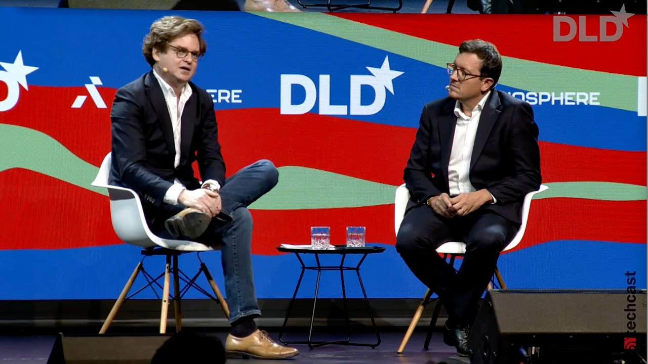 Nicholas Zamiska (Palantir) and Ludovic Subran (Allianz) speak at the DLD Future Hub conference in Munich.