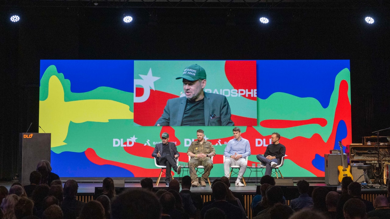 André Loesekrug-Pietri (JEDI), Julian Werner (Universität der Bundeswehr), Balázs Nagy (TYTAN Technologies) and Quirin Herz (Defense & Deep Tech Investor) on stage at the DLD Future Hub conference in Munich.