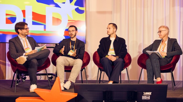 Maximilian Mittereder (Bavarian State Ministry for Digital Affairs), Yuki Asano (University of Technology Nuremberg UTN), Max Gilbert (Bayerischer Rundfunk BR) and Andrea Martin (IBM) speak at the DLD Future Hub conference in Munich.