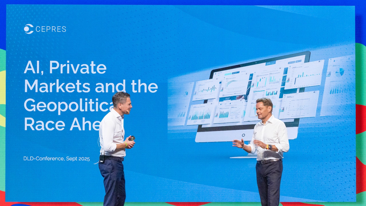 Daniel Schmidt (CEPRES) and Jan Kupfer (formerly HypoVereinsbank) on stage at the DLD Future Hub conference in Munich, standing in front of a video screen showing a CEPRES slide.