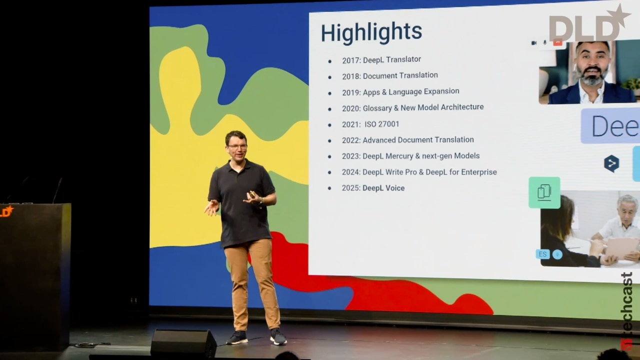 DeepL manager Stefan Mesken on stage at the DLD Future Hub conference in Munich.