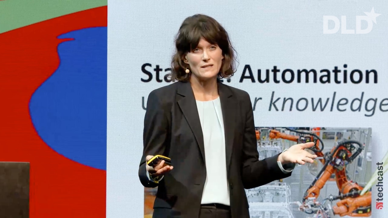Robotics expert Prof. Angela Schoellig (TU Munich) speaking at the DLD Future Hub conference in Munich.