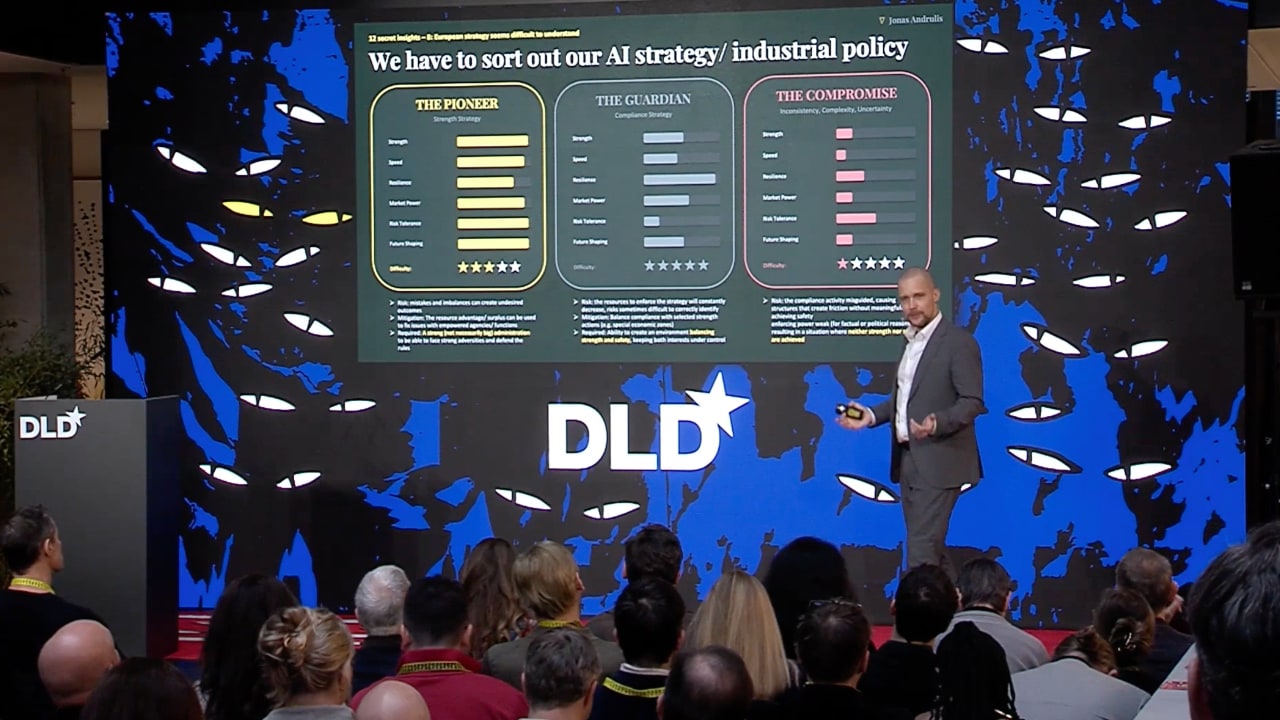 Aleph Alpha founder Jonas Andrulis on stage at the DLD Munich 2026 conference, in front of an attentive audience.