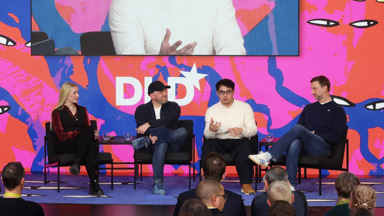 Left to right: Franziska Gregor (Serviceplan), Alexander Turtschan (Mediaplus Group), Kendrick Wong (Kasagi Labo) and Tobias Seemann (adidas) at the DLD Munich Conference. Credit: Karl-Josef Hildenbrand / picture alliance for DLD / Hubert Burda Media