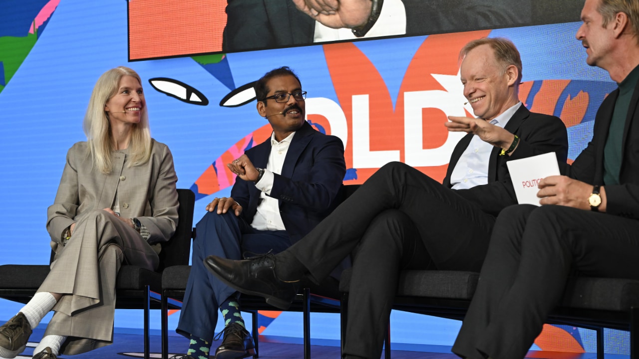 Left to right: Melanie Kehr (KfW), Mallik Rao (O2 Telefónica), Clemens Fuest (Ifo Institute) and Gordon Repinski (Politico) on stage at the DLD Munich Conference 2026. Credit: Sebastian Gabriel / picture alliance for DLD / Hubert Burda Media