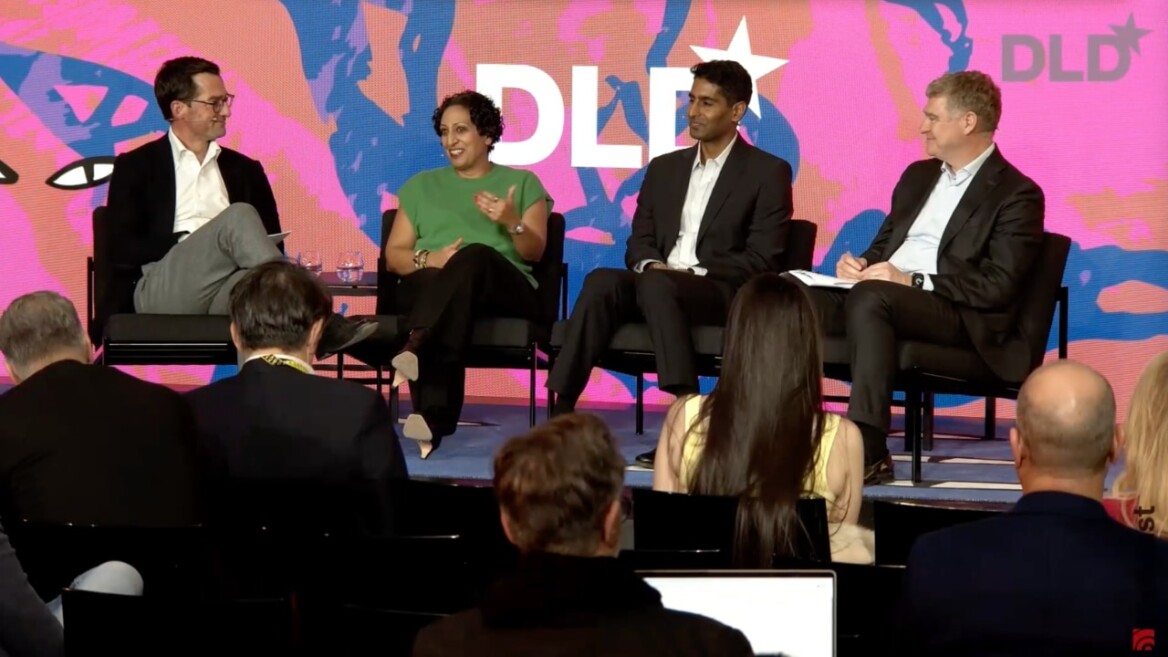 Maximilian Preisser (Hubert Burda Media), Nina Zimmermann (Kununu), Bharat Chandar (Stanford University), Mario Nava (European Commission) speak at the DLD Munich 2026 conference. (Video preview)