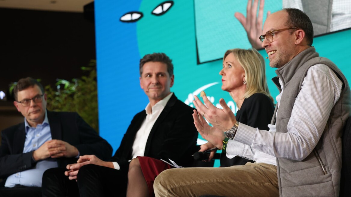 Left to right: John Thornhill (Financial Times), Andreas Urschitz (Infineon Technologies), Ann Mettler (Columbia University) and Carl Benedikt Frey (University of Oxford) speak at the DLD Munich 2026 conference. Credit: &copy; Karl-Josef Hildenbrand / picture alliance for DLD / Hubert Burda Media
