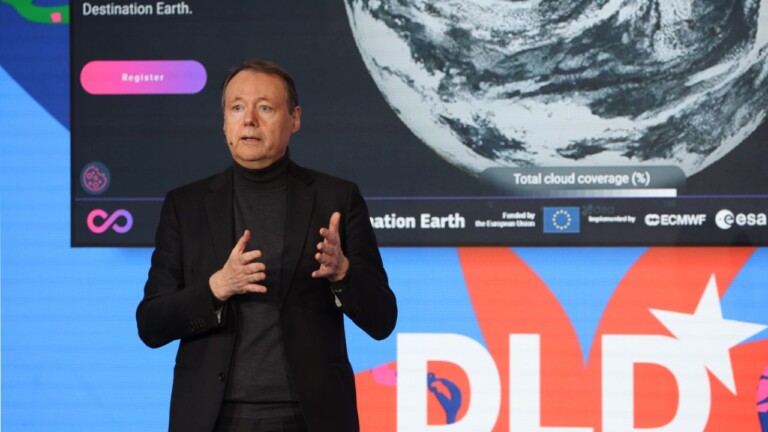 Roberto Viola (European Commission) on stage at the DLD Munich Conference 2026, presenting the &ldquo;Destination Earth&rdquo; project. Credit: Karl-Josef Hildenbrand / picture alliance for DLD / Hubert Burda Media