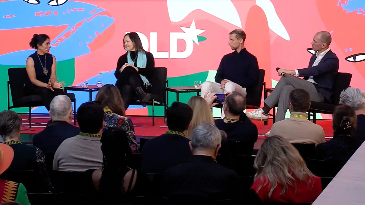 Tara Chklovski (Technovation), Katja Speck (VisualVest), Saturnin Pugnet (Auspicious Fund) and Jannis Brühl (Süddeutsche Zeitung) on stage at the DLD Munich 2026 conference.