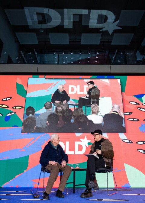 Late German filmmaker Alexander Kluge and Hans Ulrich Obrist (Serpentine Galleries) on stage at the DLD Munich 2026 conference.